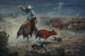 cowboy catching cattle in storm